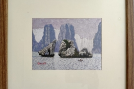 Hand-embroidered painting - The kissing rocks of Ha Long bay (small size)